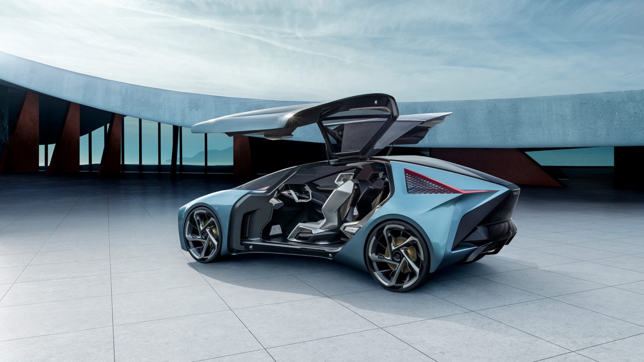 Side view of the Lexus LF-30 Electrified concept car with it's wing doors opened 