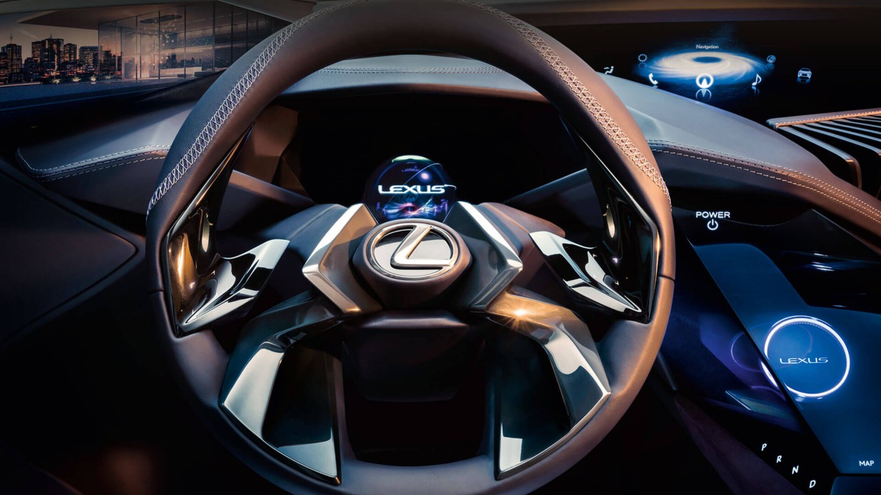 A close up of the Lexus UX Compact Crossover concept car steering wheel 
